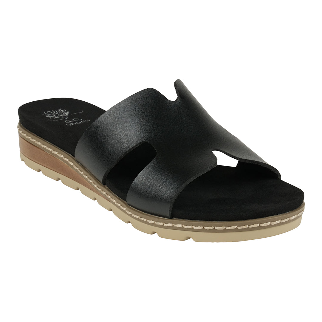 GC Shoes Women's Nellie Black Cut-Out Slide Flat Sandals in Vegan Leather and Slip on Design - Glamourous Grace