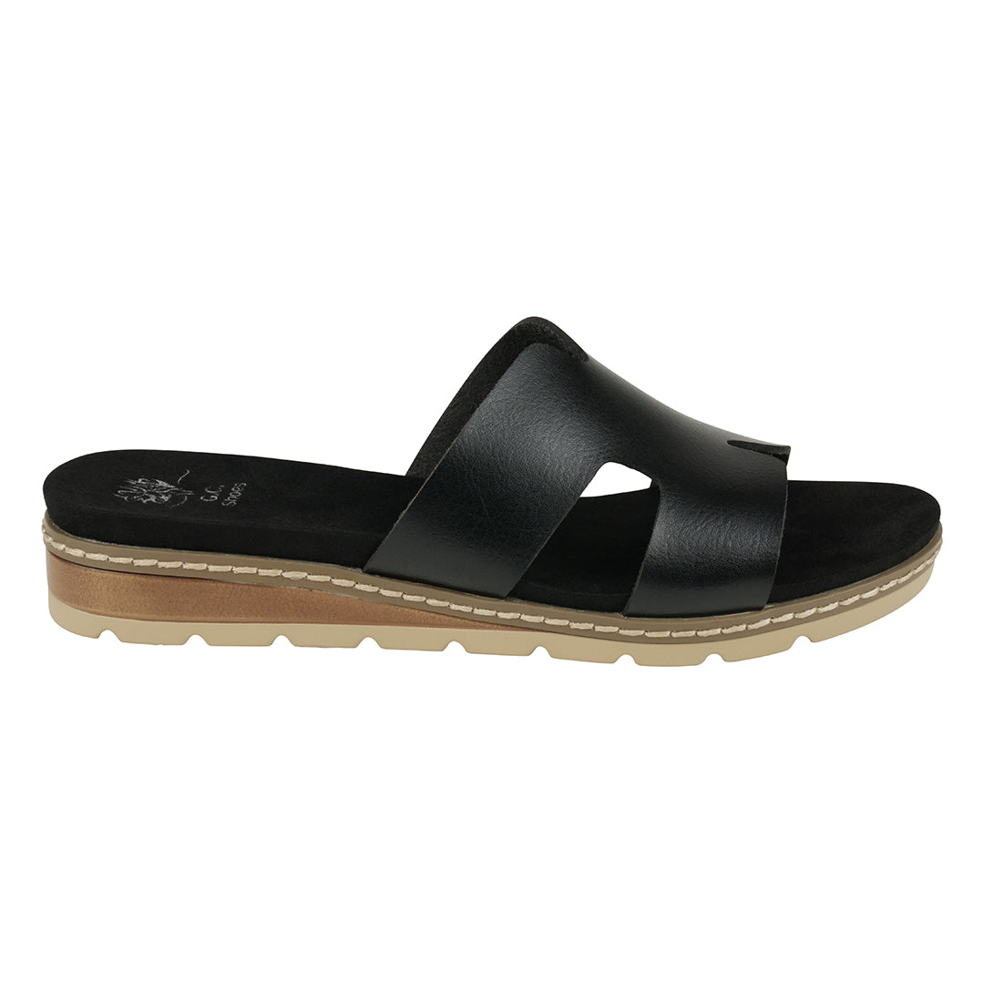 GC Shoes Women's Nellie Black Cut-Out Slide Flat Sandals in Vegan Leather and Slip on Design - Glamourous Grace