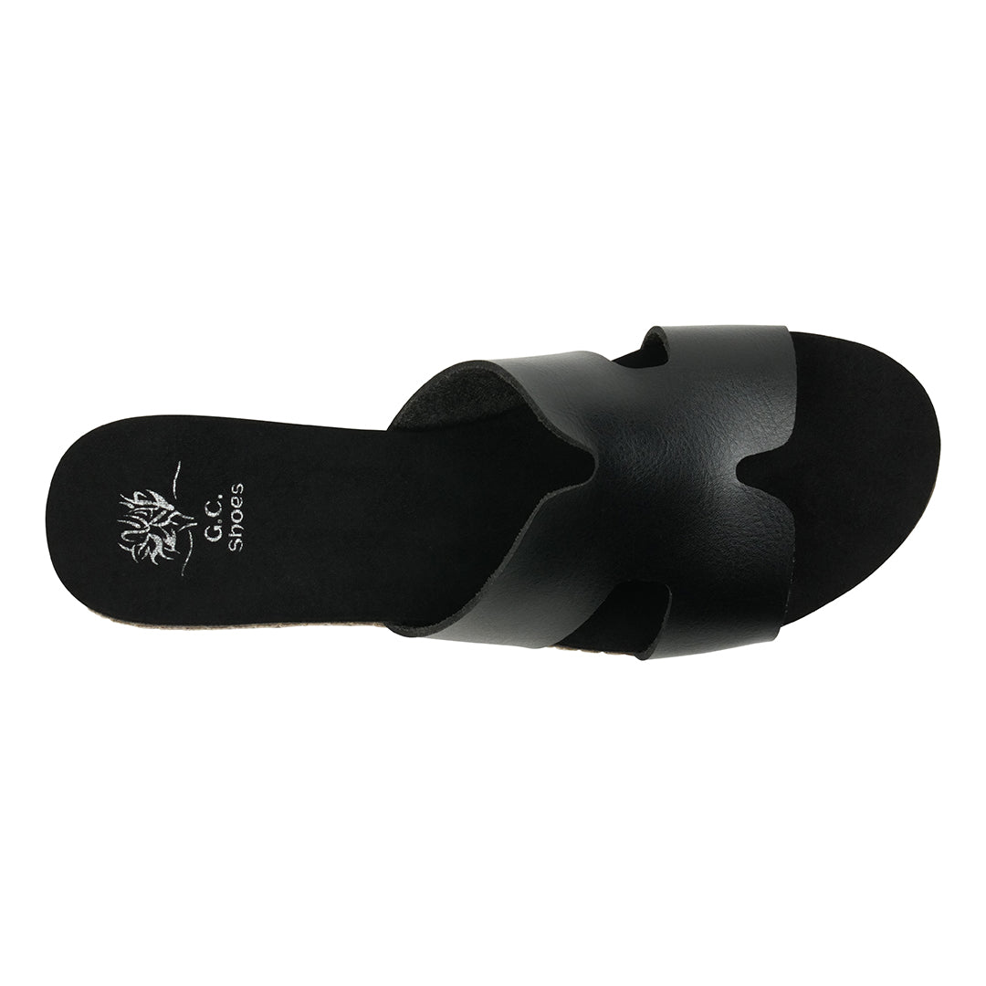GC Shoes Women's Nellie Black Cut-Out Slide Flat Sandals in Vegan Leather and Slip on Design - Glamourous Grace