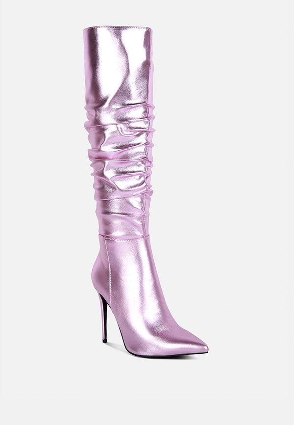New Expression Metallic Ruched Stiletto Calf Boots - Glamourous Grace