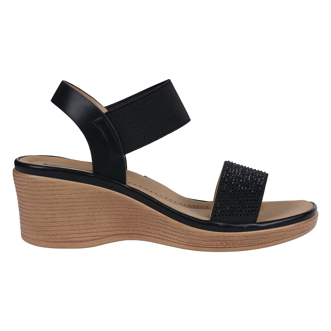 Women's Nia Black Embellished Elastic Wedge Sandals - Glamourous Grace