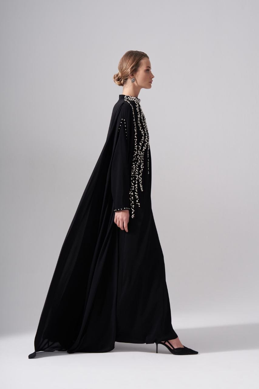 Etru Champagne Crystal Kaftan Abaya - detail view