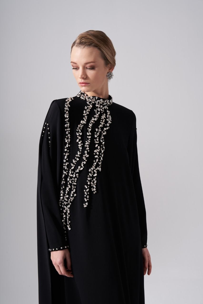 Etru Champagne Crystal Kaftan Abaya - front view 2