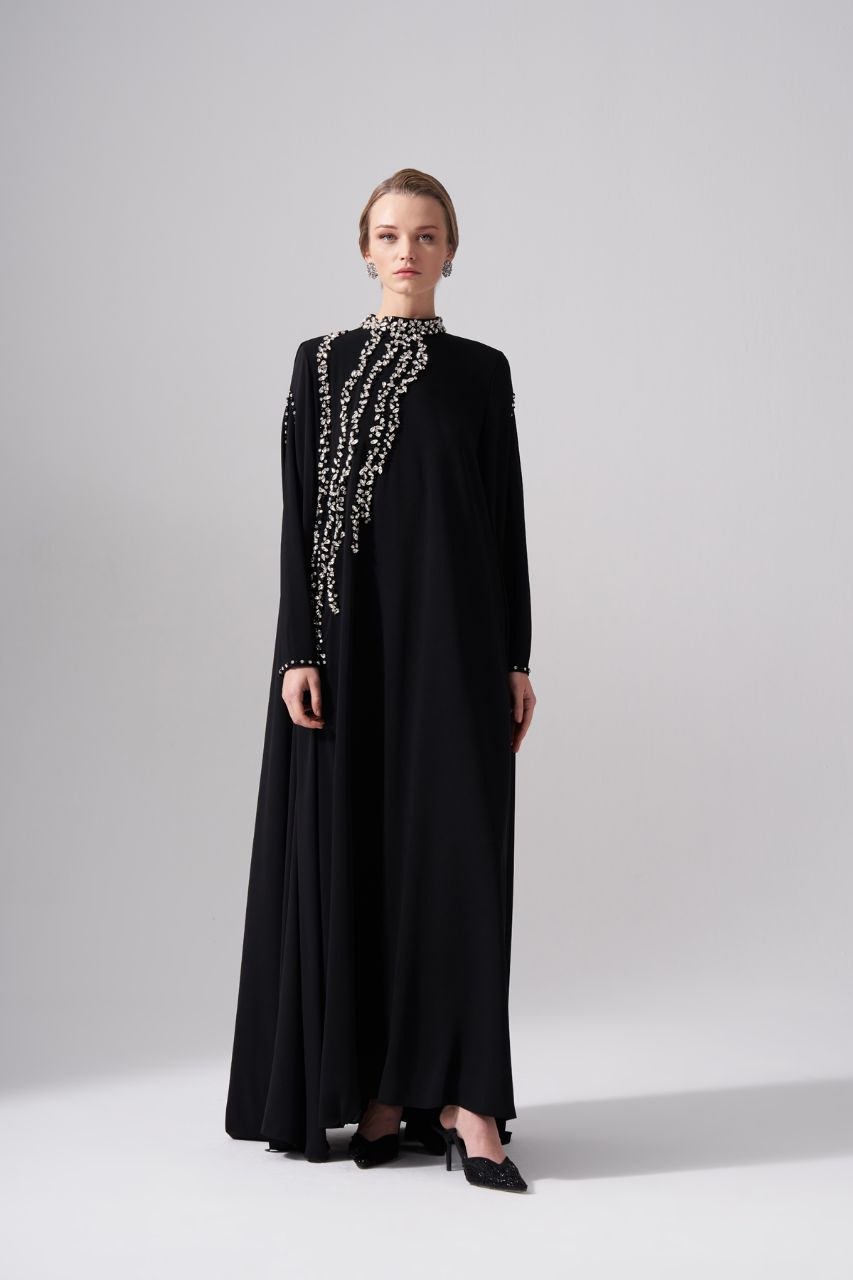 Etru Champagne Crystal Kaftan Abaya - front view