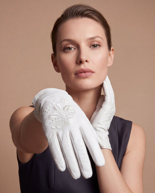 PZ01 (white) – Embroidered unlined Italian lambskin opera gloves - Glamourous Grace