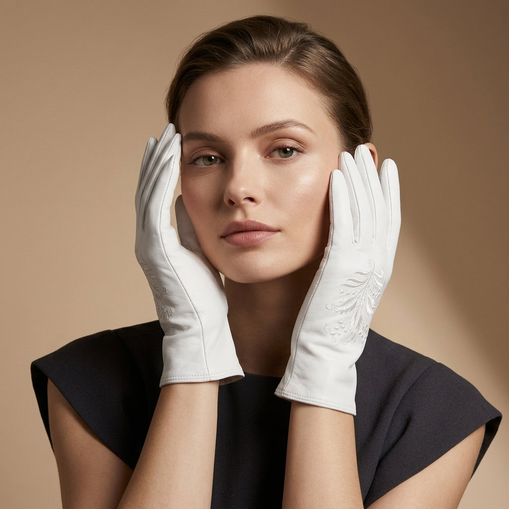 PZ01 (white) – Embroidered unlined Italian lambskin opera gloves - Glamourous Grace