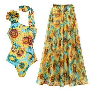 Swimsuit Sunflower Print Lace up Hard Bag One Piece Swimsuit Set Women