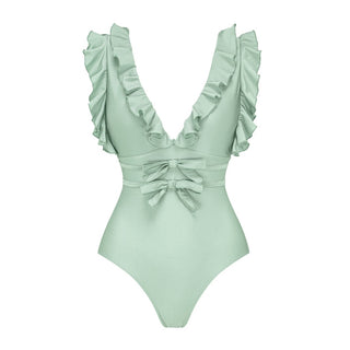 Women Swimsuit Solid Color Bow Decoration One Piece Swimsuit Set