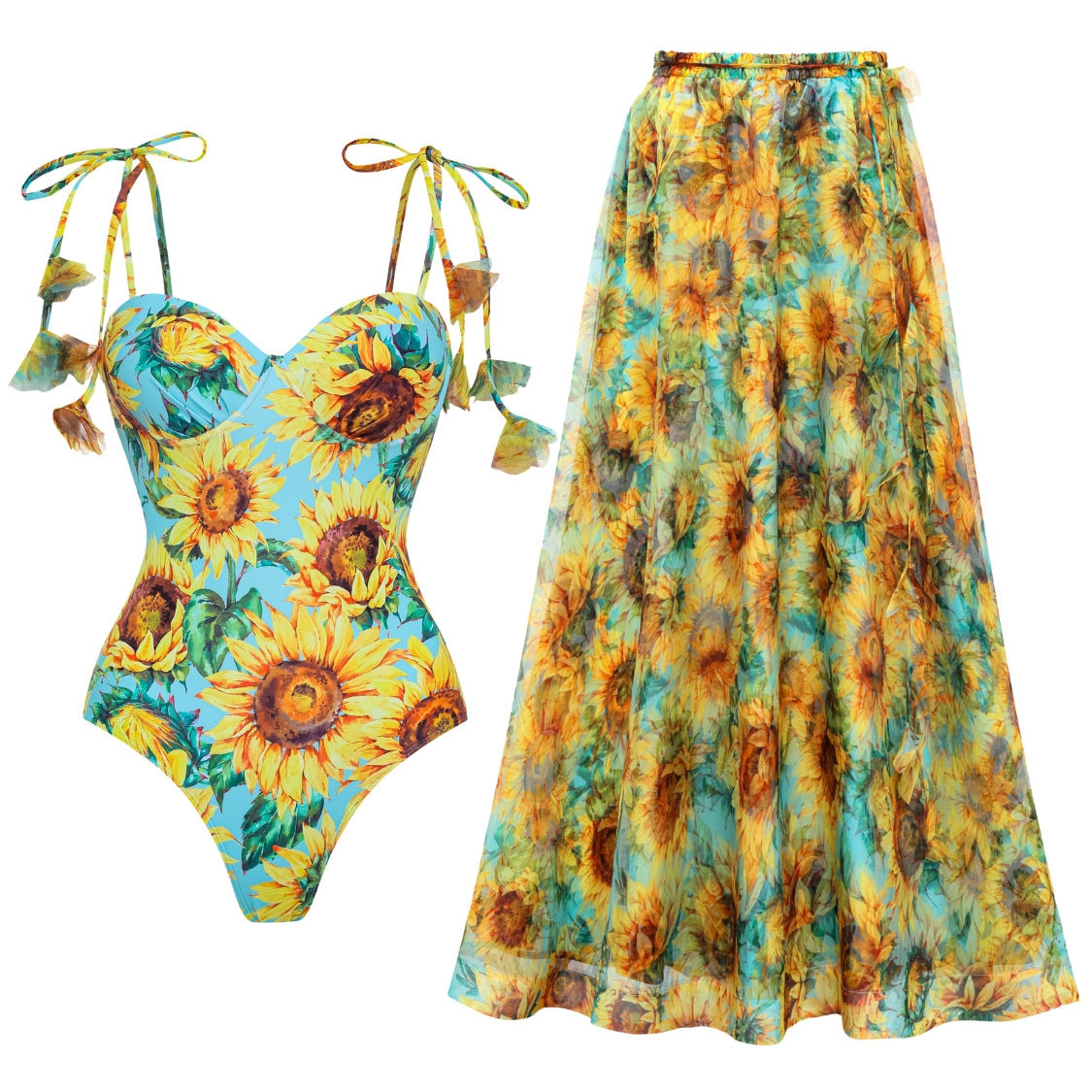 Swimsuit Sunflower Print Lace up Hard Bag One Piece Swimsuit Set Women - Glamourous Grace