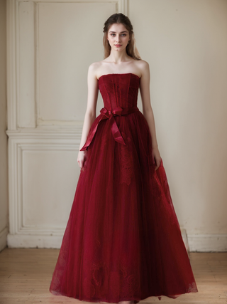 Elegant Strapless Burgundy Tulle Ball Gown with Corset Back and Ribbon Tie - Glamourous Grace