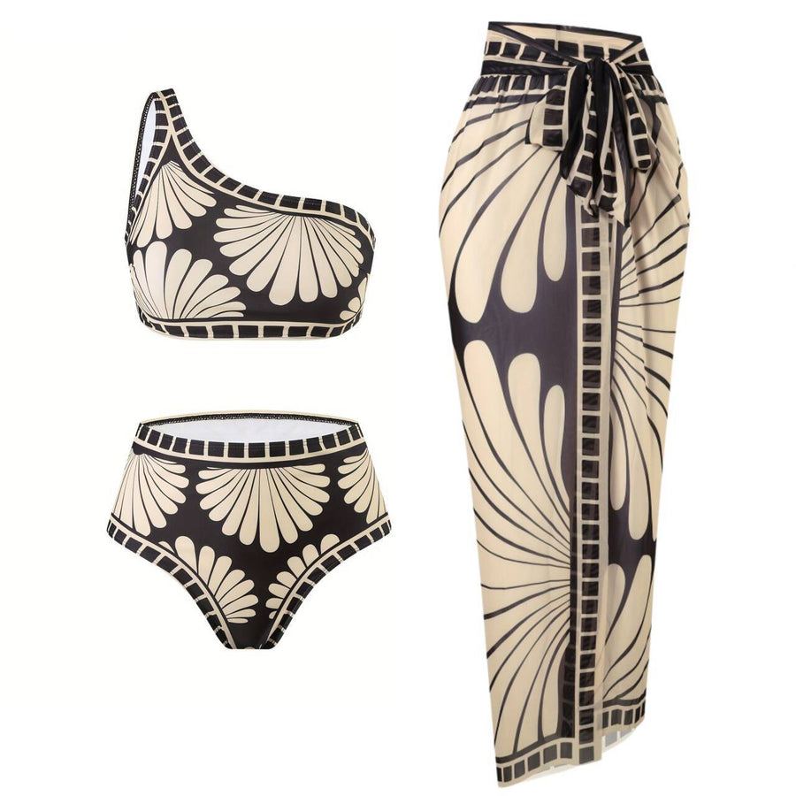 Bikini Customized Printed Oblique Shoulder Three-Piece Skirt Split Swimsuit - Glamourous Grace