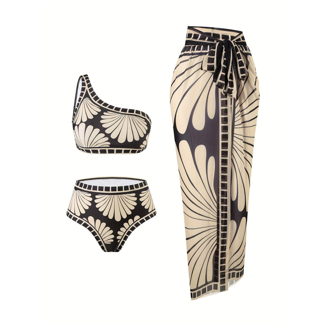 Bikini Customized Printed Oblique Shoulder Three-Piece Skirt Split Swimsuit - Glamourous Grace