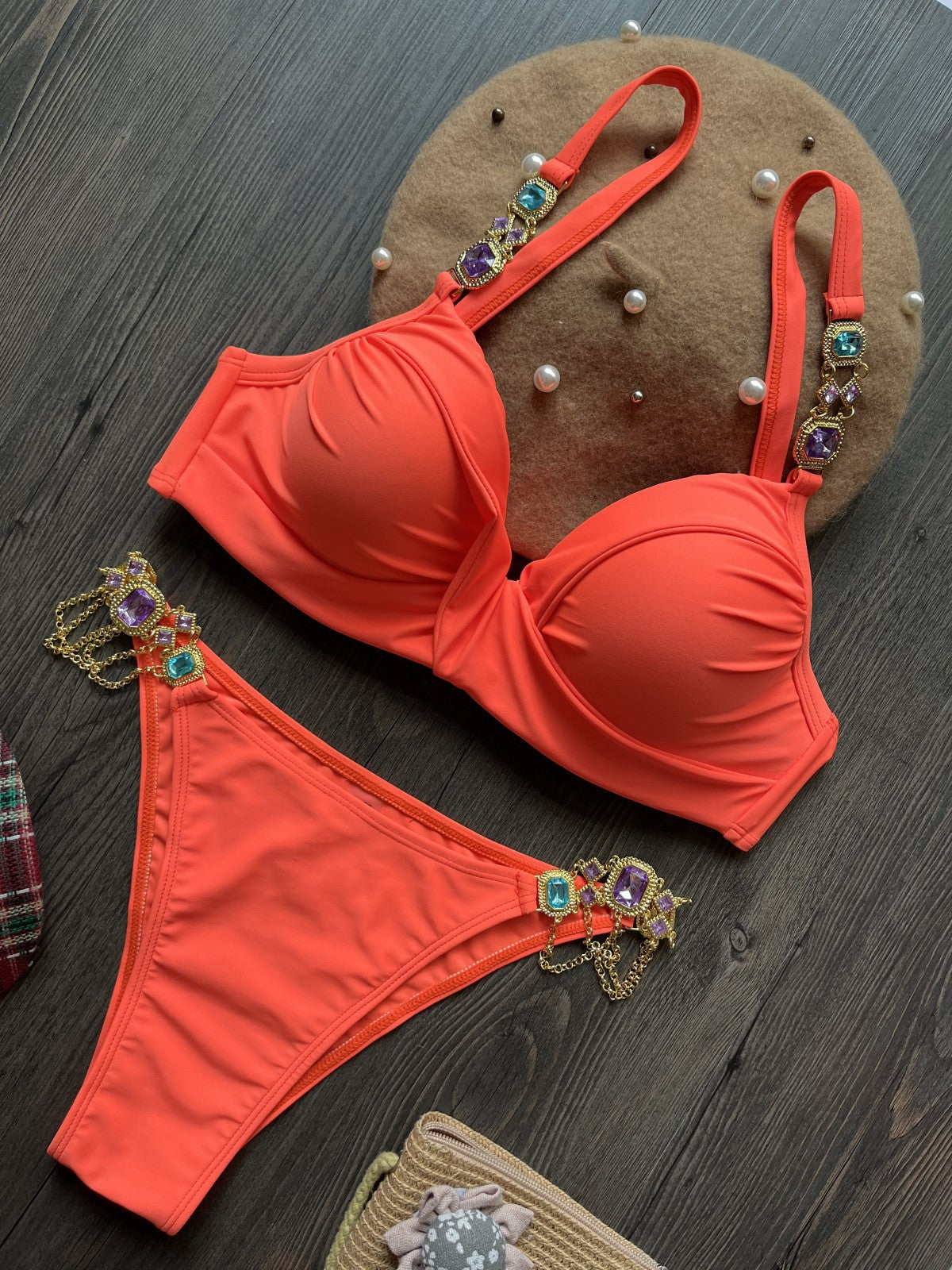 Gathering Steel Bracket Solid Color Bikini Sexy Crystal Diamond Swimsuit Split Swimwear Women - Glamourous Grace