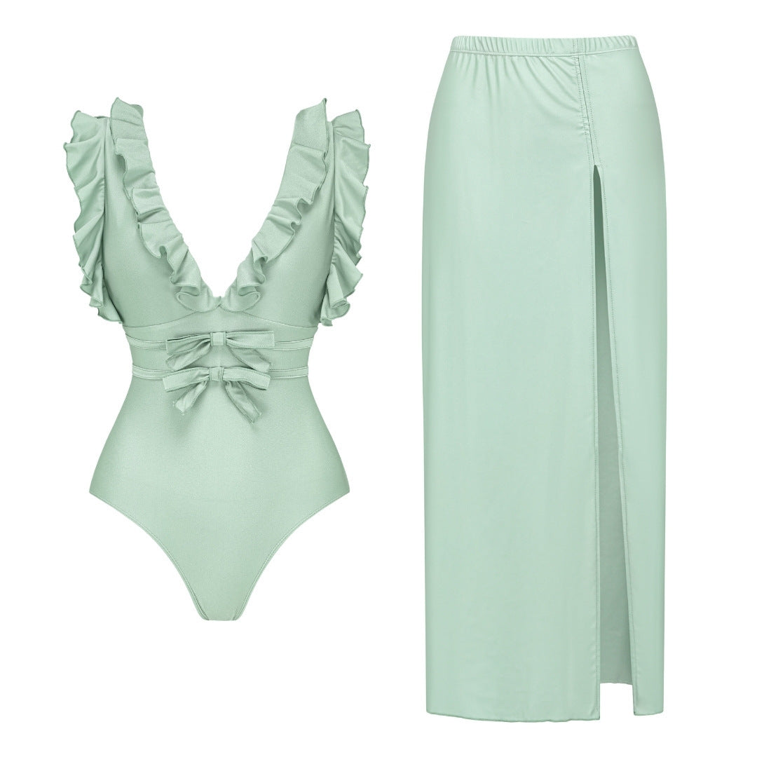 Women Swimsuit Solid Color Bow Decoration One Piece Swimsuit Set - Glamourous Grace