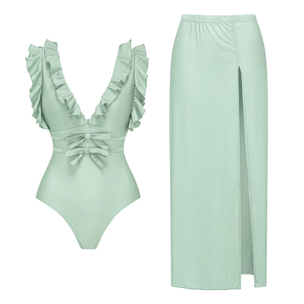 Women Swimsuit Solid Color Bow Decoration One Piece Swimsuit Set - Glamourous Grace