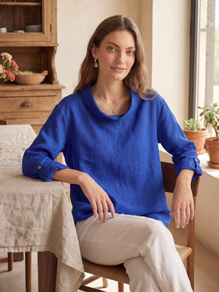 Royal blue linen draped neck top by LINTICO, featuring a stylish relaxed fit and elegant design, perfect for casual or dressy occasions.