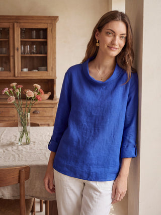 Royal blue linen draped neck top by LINTICO, stylish blouse with relaxed fit and elegant drape in a natural fabric.
