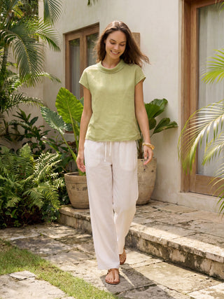 LINTICO 100% linen sage green cap sleeve blouse with soft fold collar, lightweight and breathable top for a casual stylish look.