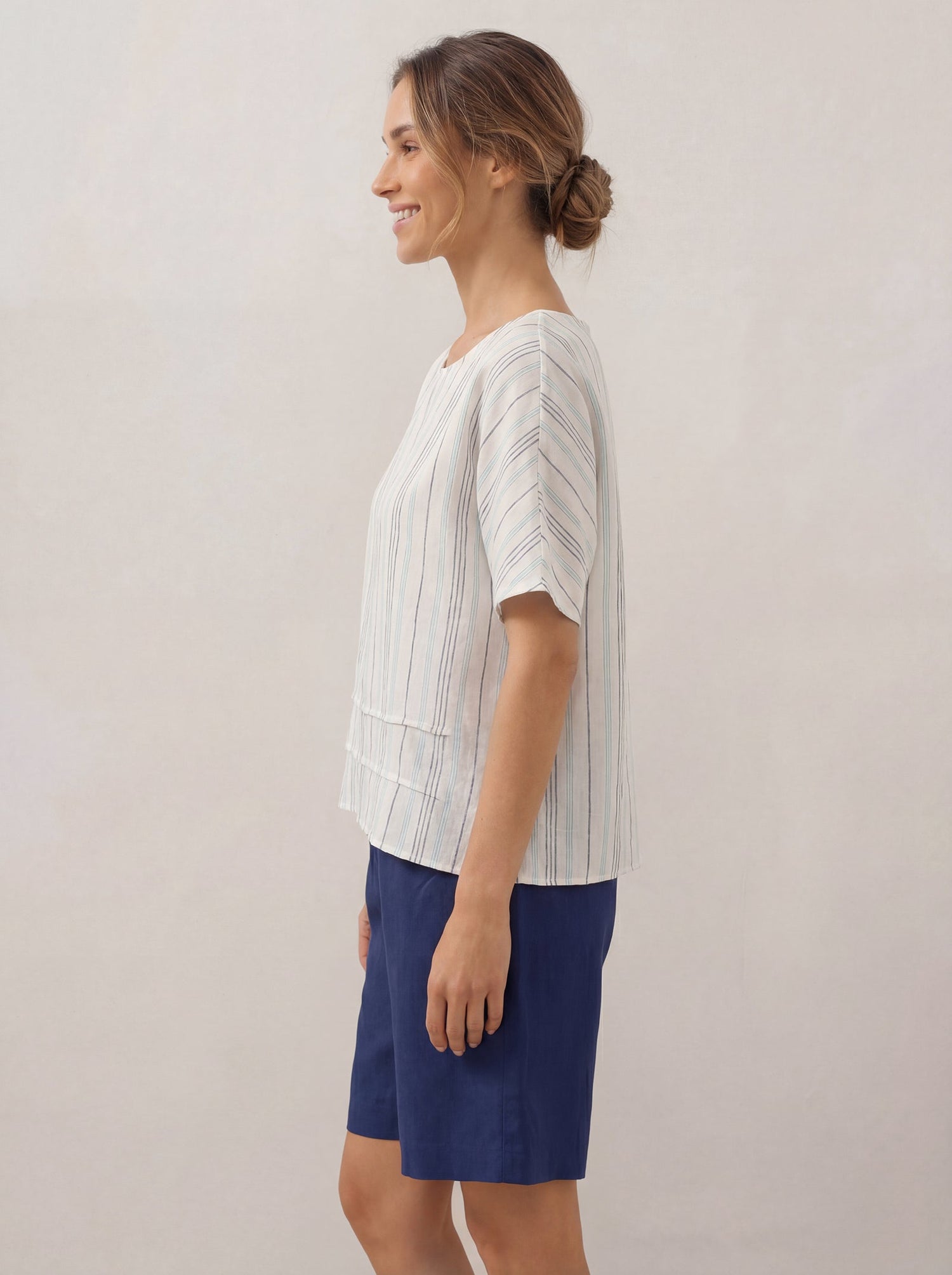 100% Linen Pleated Striped Pullover Top VIA - Glamourous Grace