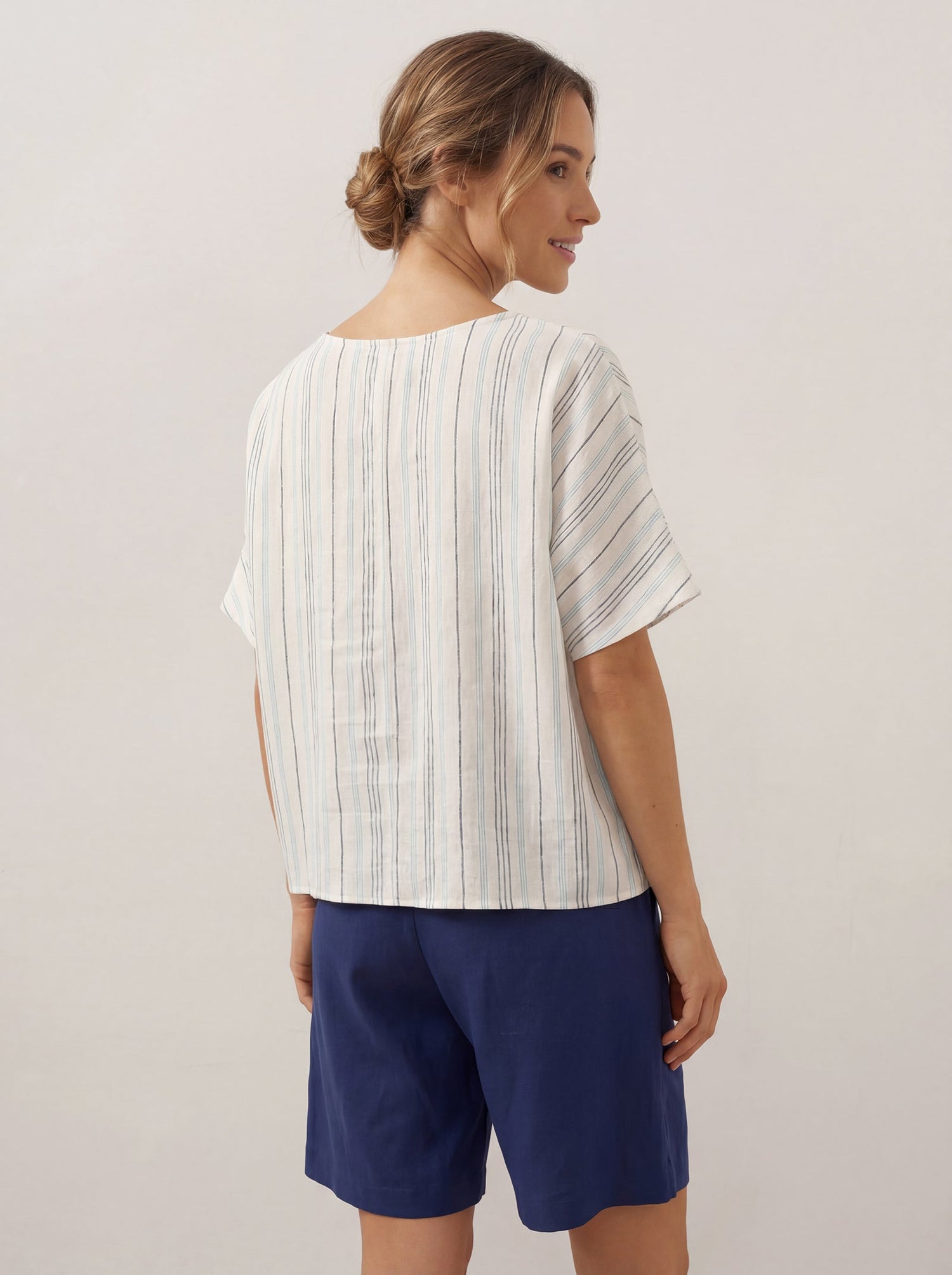 100% Linen Pleated Striped Pullover Top VIA - Glamourous Grace