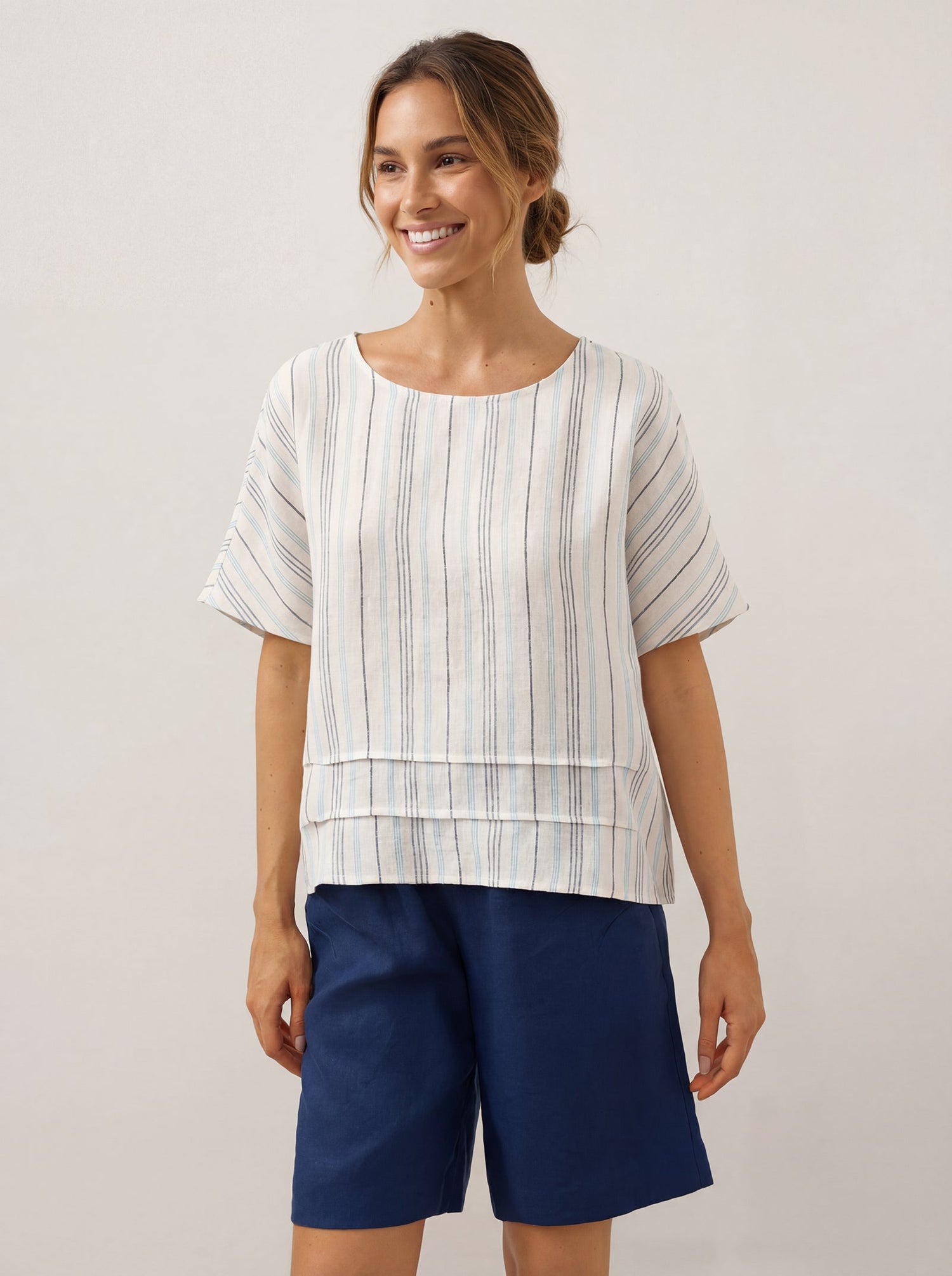 100% Linen Pleated Striped Pullover Top VIA - Glamourous Grace