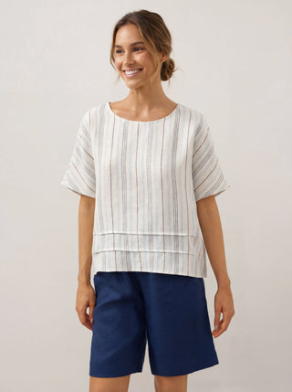 100% Linen Pleated Striped Pullover Top VIA - Glamourous Grace