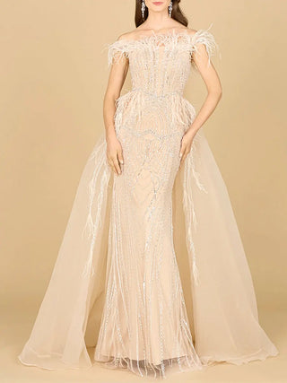 Off Shoulder Gown with Feathers - Glamourous Grace