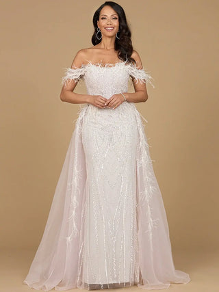 Off Shoulder Gown with Feathers - Glamourous Grace