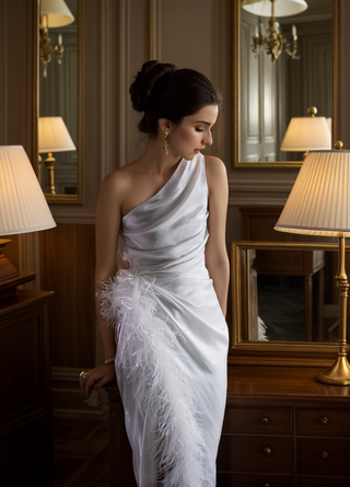 One shoulder Pleated bodice side slit silky satin prom dress Ostrich feather wedding dress - Glamourous Grace