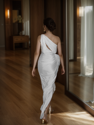 One shoulder Pleated bodice side slit silky satin prom dress Ostrich feather wedding dress - Glamourous Grace