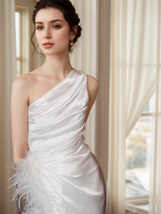 One shoulder Pleated bodice side slit silky satin prom dress Ostrich feather wedding dress - Glamourous Grace