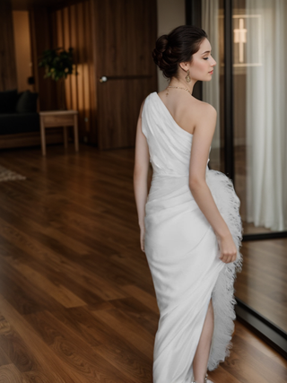 One shoulder Pleated bodice side slit silky satin prom dress Ostrich feather wedding dress - Glamourous Grace