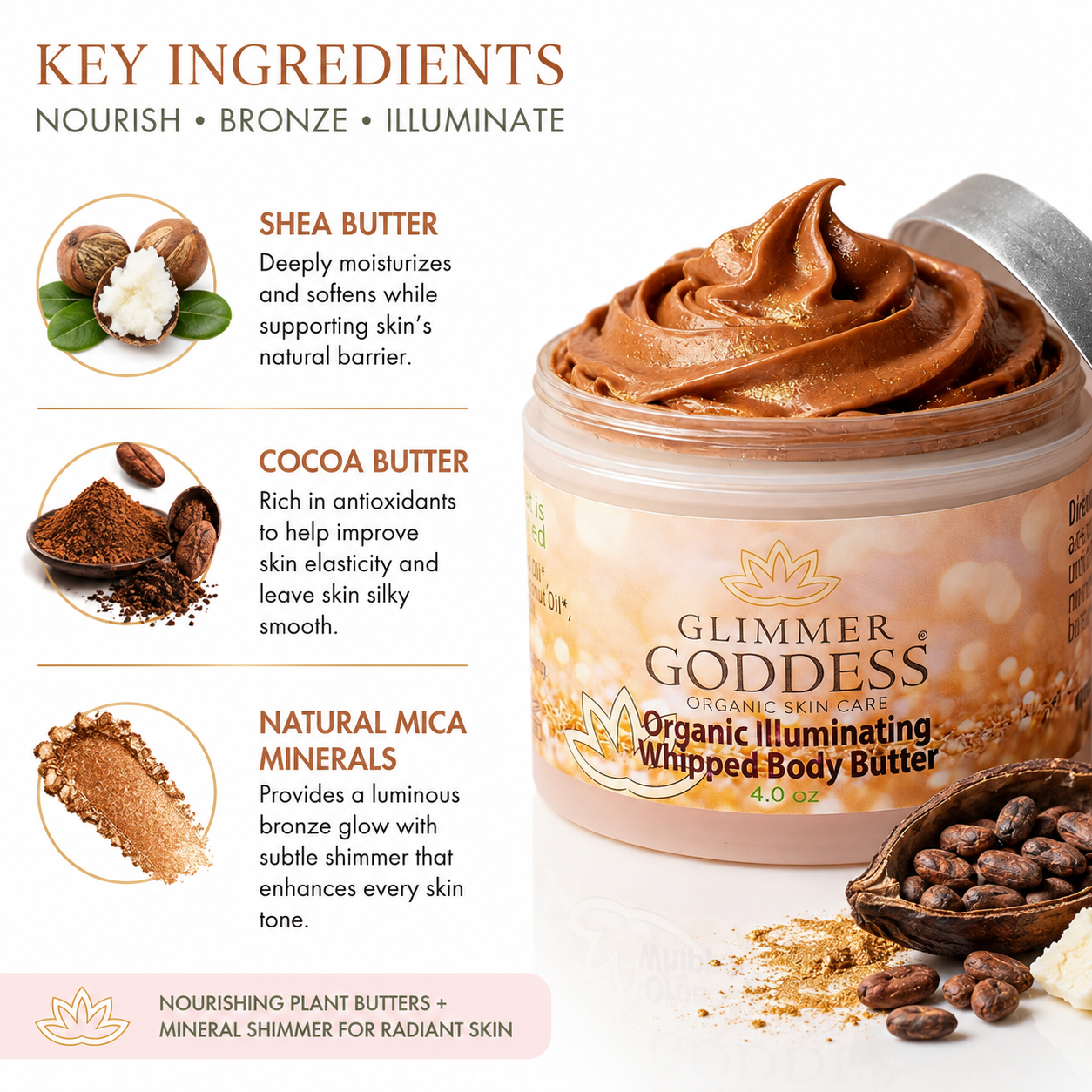 Organic Whipped Bronzing Body Butter – Shimmering Body Moisturizer with Instant Bronze Glow - Glamourous Grace