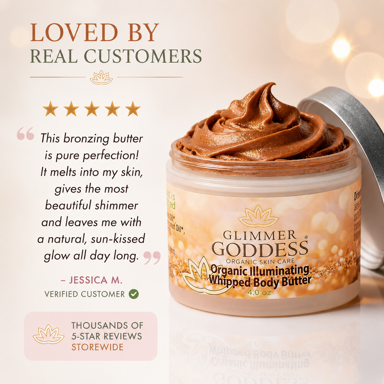 Organic Whipped Bronzing Body Butter – Shimmering Body Moisturizer with Instant Bronze Glow - Glamourous Grace