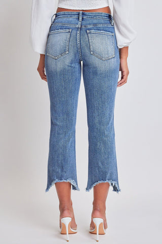 Women's Mid Rise Kick Flare Fray Hem Cropped Jeans