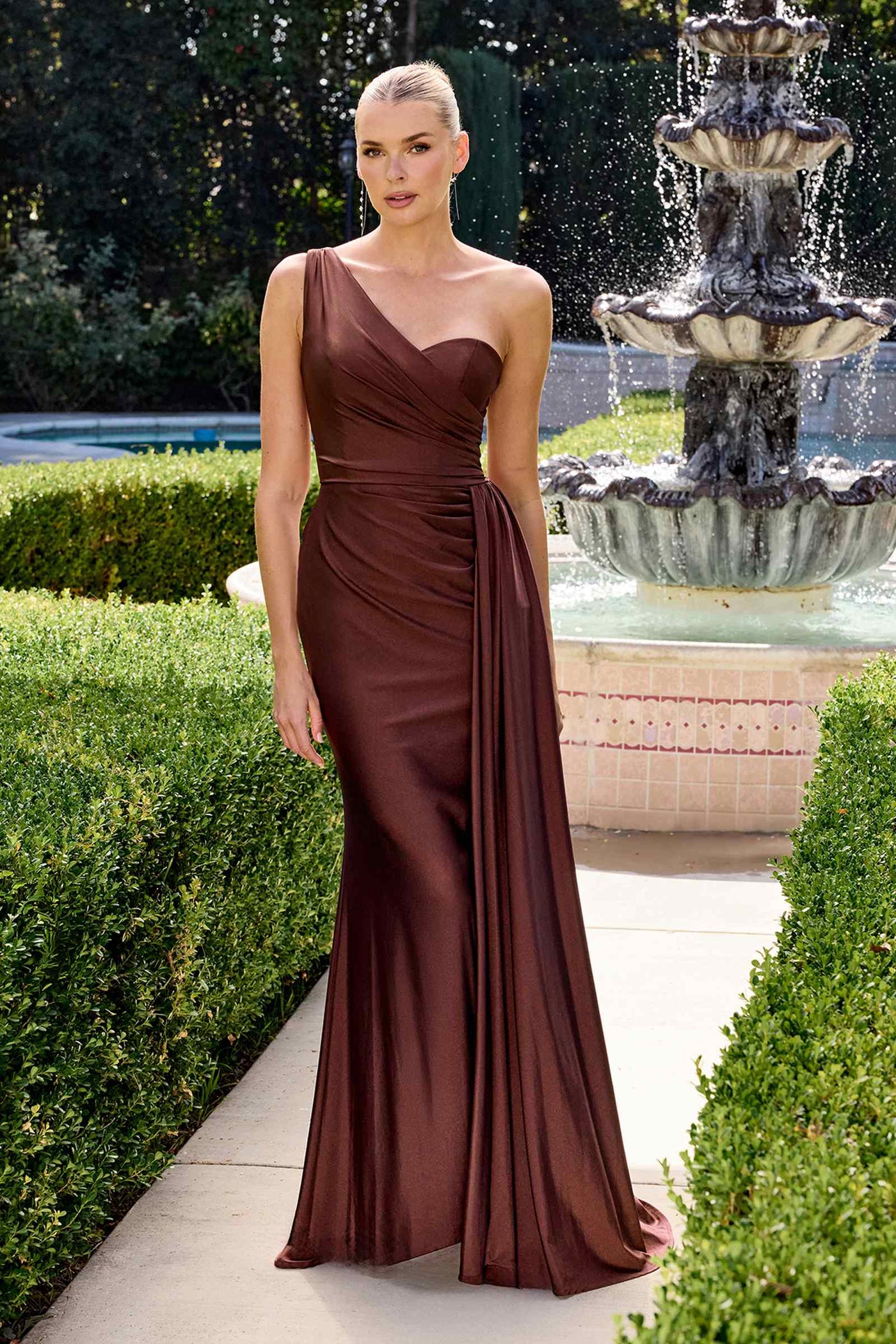 Ladivine PT004 Long Chic One Shoulder Stretch Satin Side Sash Gown - Glamourous Grace