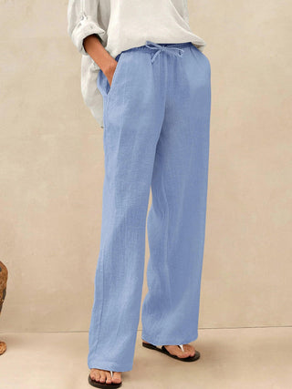 LINTICO 100% linen classic pants in beige, tailored fit with side pockets and a straight-leg design, displayed on a white background.