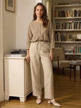 LINTICO 100% linen classic khaki and chocolate pants, stylish linen bottoms with a relaxed fit and tailored design.