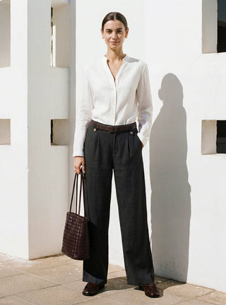 Linen-Lyocell Pleated Wide Leg Trousers with Back Elastic & Button Detail AISLING - Glamourous Grace