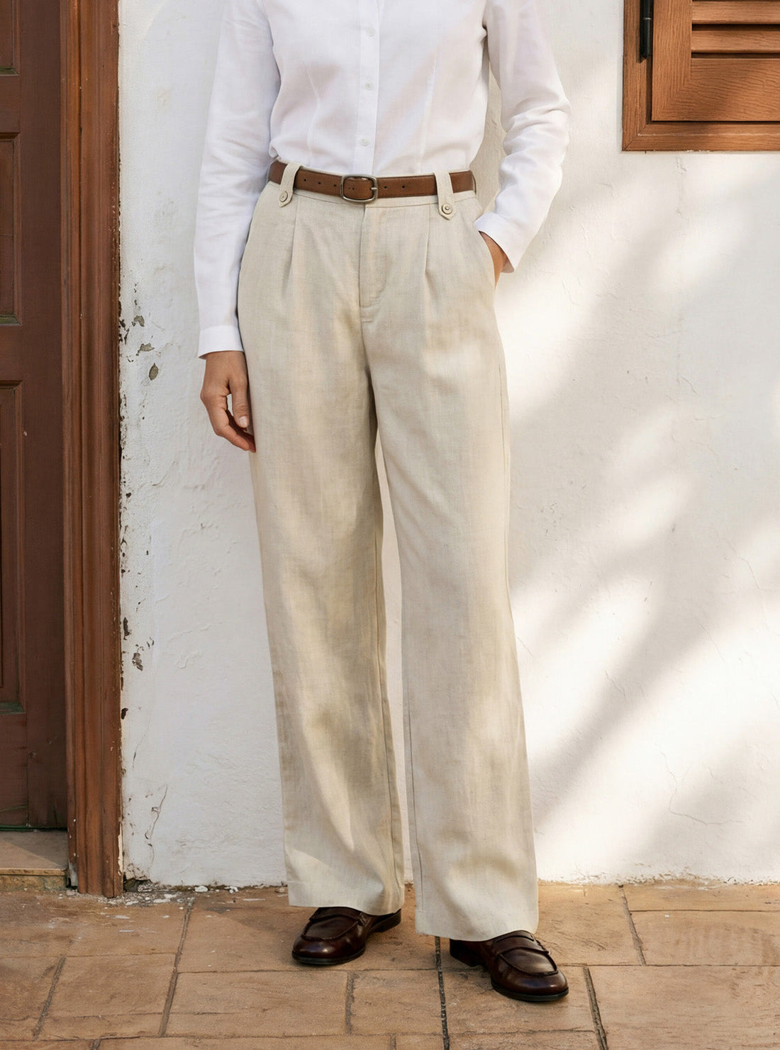 Linen-Lyocell Pleated Wide Leg Trousers with Back Elastic & Button Detail AISLING - Glamourous Grace