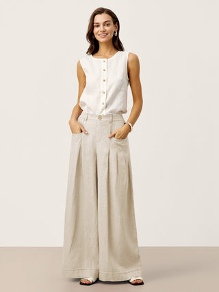 100% Linen Sculpted Pleat Elasticated Back Relaxed Pants VERIDIANA - Glamourous Grace