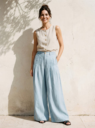 100% Linen Sculpted Pleat Elasticated Back Relaxed Pants VERIDIANA - Glamourous Grace