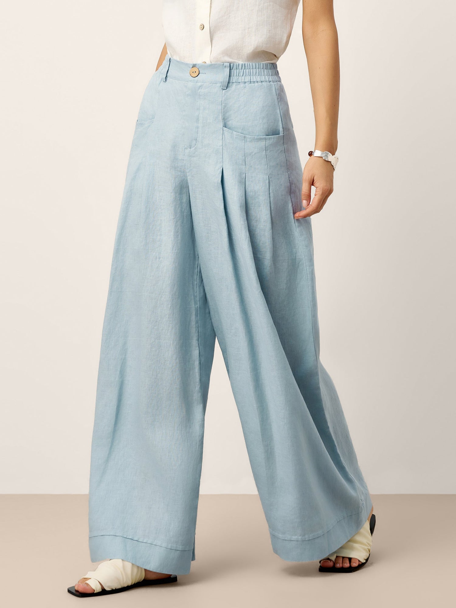 100% Linen Sculpted Pleat Elasticated Back Relaxed Pants VERIDIANA - Glamourous Grace