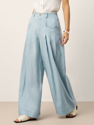100% Linen Sculpted Pleat Elasticated Back Relaxed Pants VERIDIANA - Glamourous Grace
