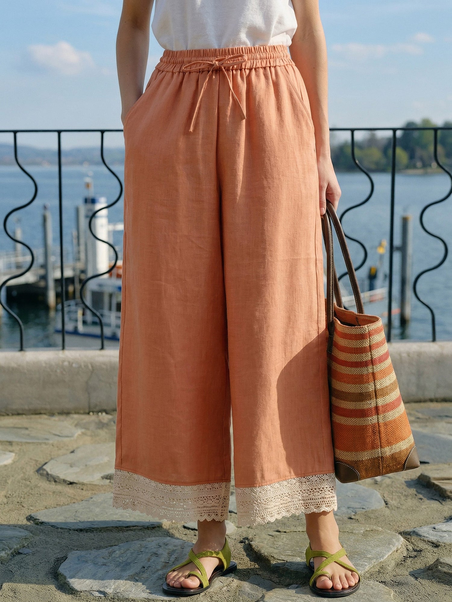 100% Linen Lace-Hem Wide-Leg Pants DARBY - Glamourous Grace