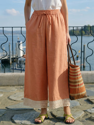 100% Linen Lace-Hem Wide-Leg Pants DARBY - Glamourous Grace