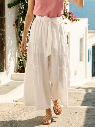 LINTICO 100% linen bow-waist tiered pants with relaxed fit and wide legs, stylish bottoms perfect for casual wear