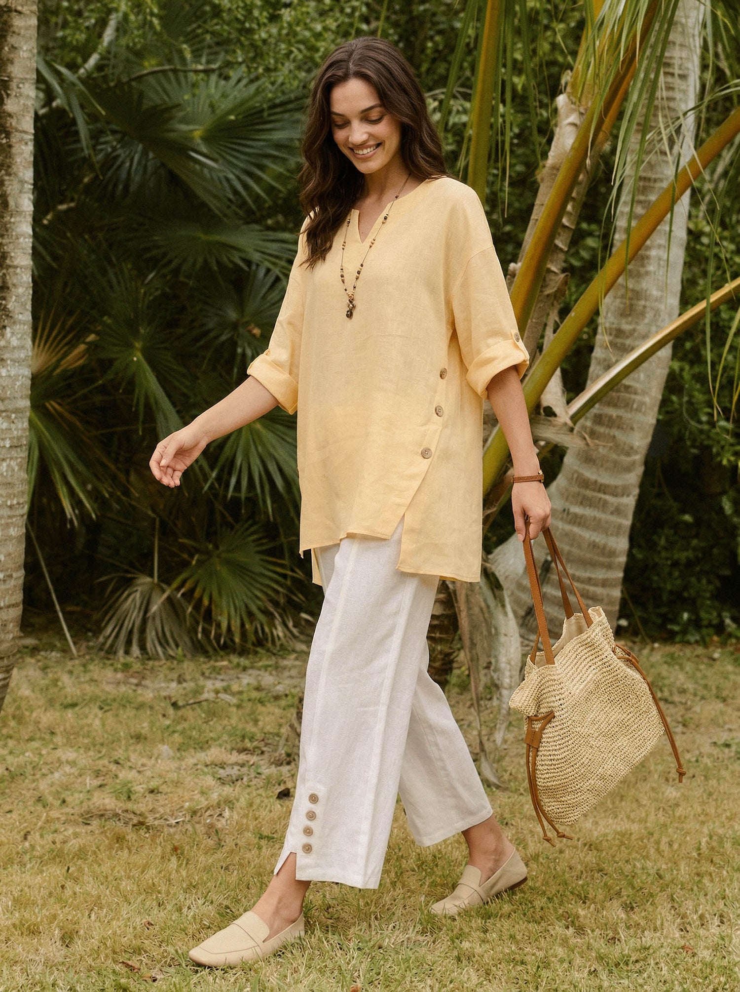 100% Linen Buttoned Split-Hem Pants ALINA - Glamourous Grace