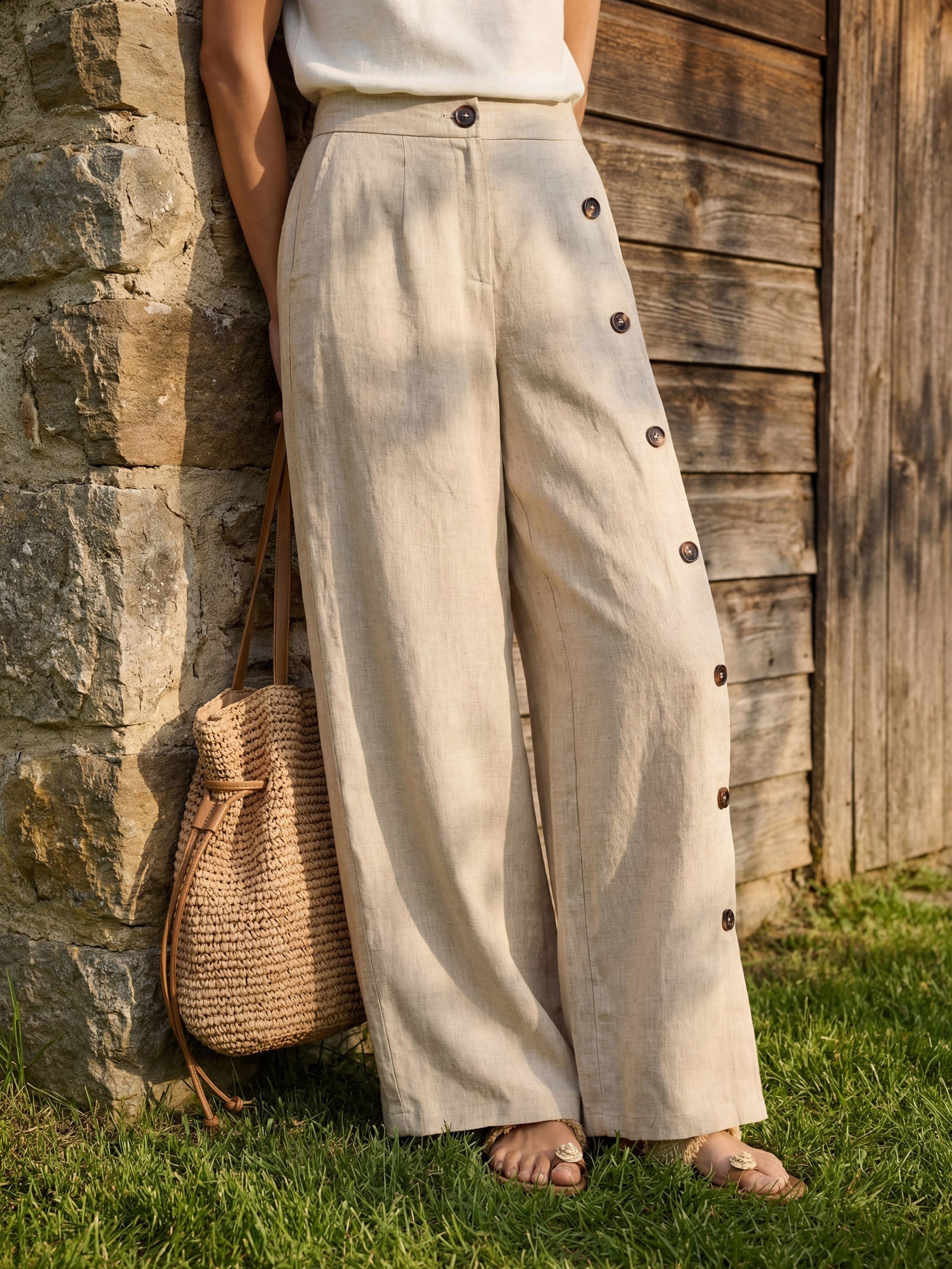 100% Linen Buttoned Slit-Hem Pants KATYA - Glamourous Grace