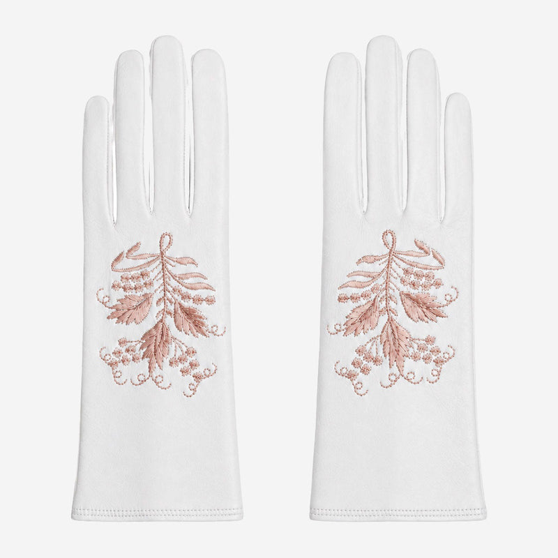 PZ01P (white) - Unlined embroidered Italian lambskin leather gloves - Glamourous Grace